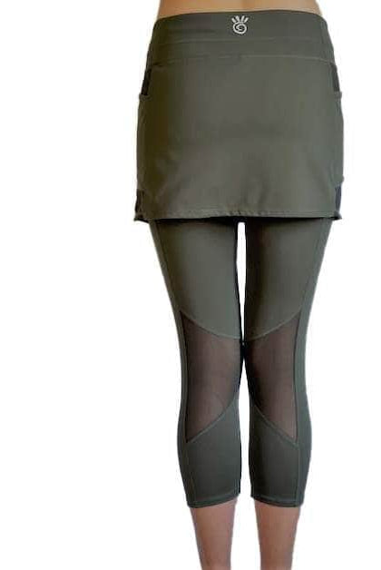 Rear view of 2-1 Original Skirted Mid-calf Length Leggings in Dark Olive - Sol Sister Sport
