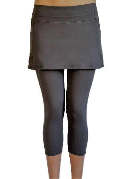 Studio shot of model from waist down in 2-1 Original Skirted Mid-calf Length Leggings in Steel from front