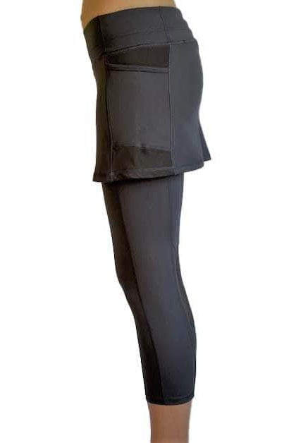 Studio shot of model from waist down in 2-1 Original Skirted Mid-calf Length Leggings in Steel from side