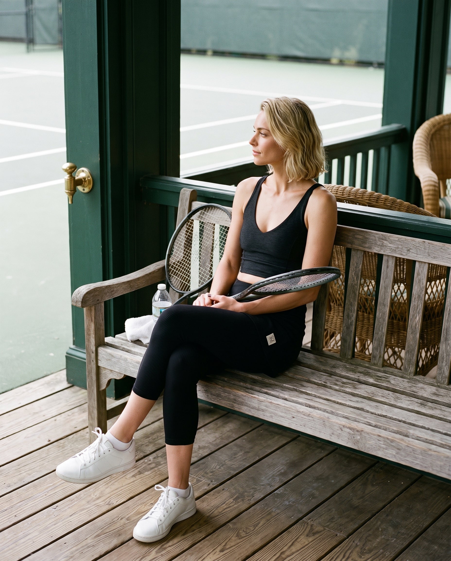 A woman sits on a wooden bench on a tennis court porch, wearing a black tank top, black ribbed skirted leggings, and white sneakers, holding a tennis racket.