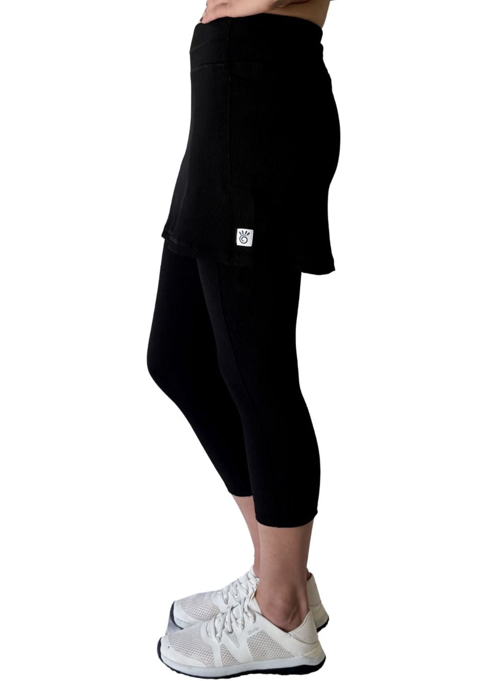 Side view Black Skirted Leggings for golf, tennis, pickleball, hiking and yoga