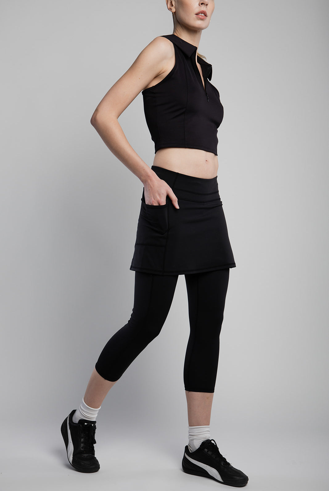 Skirted Mid-calf Length Leggings in Black worn by model