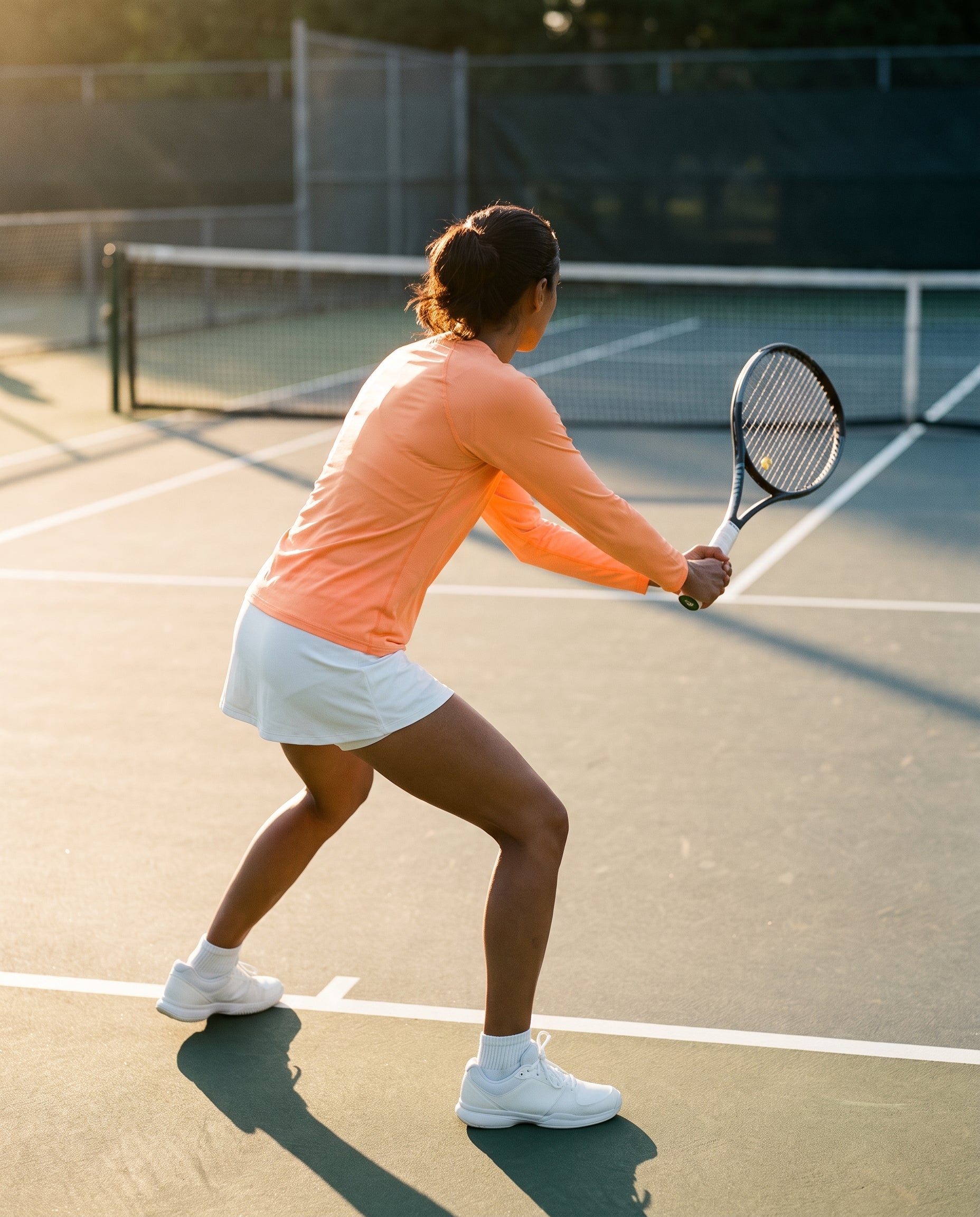A woman on a tennis court wearing a peach Ventura Mesh Pullover, a white tennis skirt, and white sneakers, holding a tennis racket in a ready stance.
