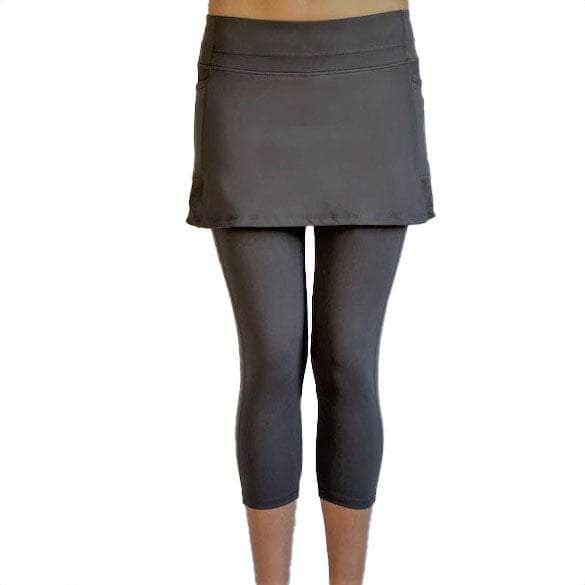 Studio shot of model from waist down in 2-1 Original Skirted Mid-calf Length Leggings in Steel from front