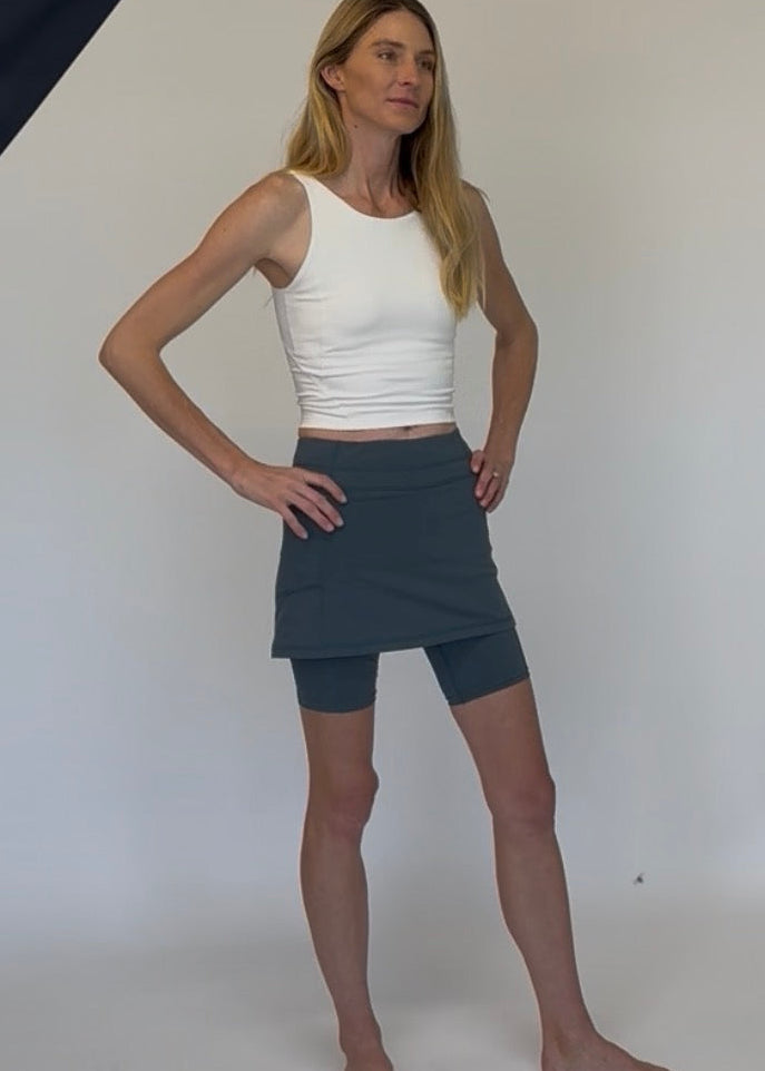 Model in Studio wearing Blue Cotton Bike Skirted Shorts