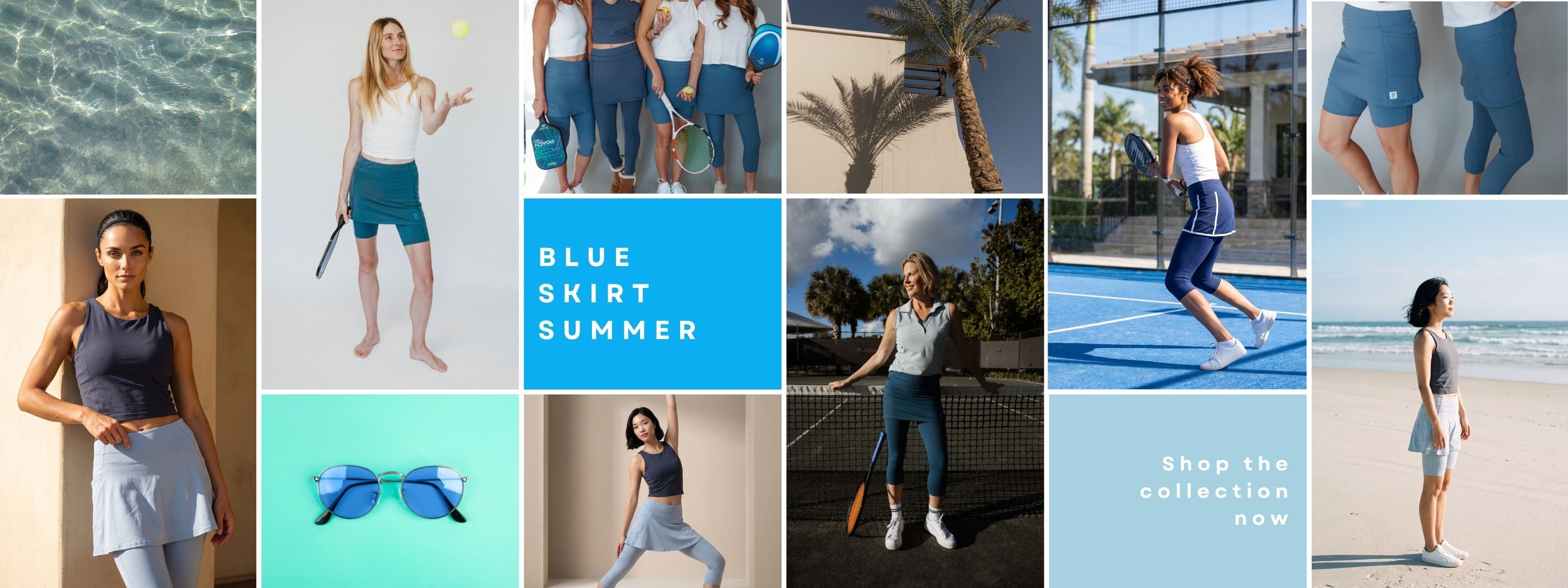 A collage of multiple lifestyle photos showing women wearing blue athletic skirts and shorts, with one central panel reading 'BLUE SKIRT SUMMER' and another panel showing blue sunglasses. Because people and real environments are present throughout, this is classified as Lifestyle rather than Product/Packaging.