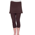 Studio shot of model from waist down wearing Espresso Brown 2-1 Skirted Ankle-Length Leggings from front