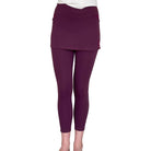 Studio shot of model from waist down wearing Eggplant Maroon 2-1 Skirted Ankle-Length Leggings from front