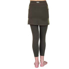 Studio shot of Model wearing 7/8ths length pretty olive skirted leggings - waist down from back.