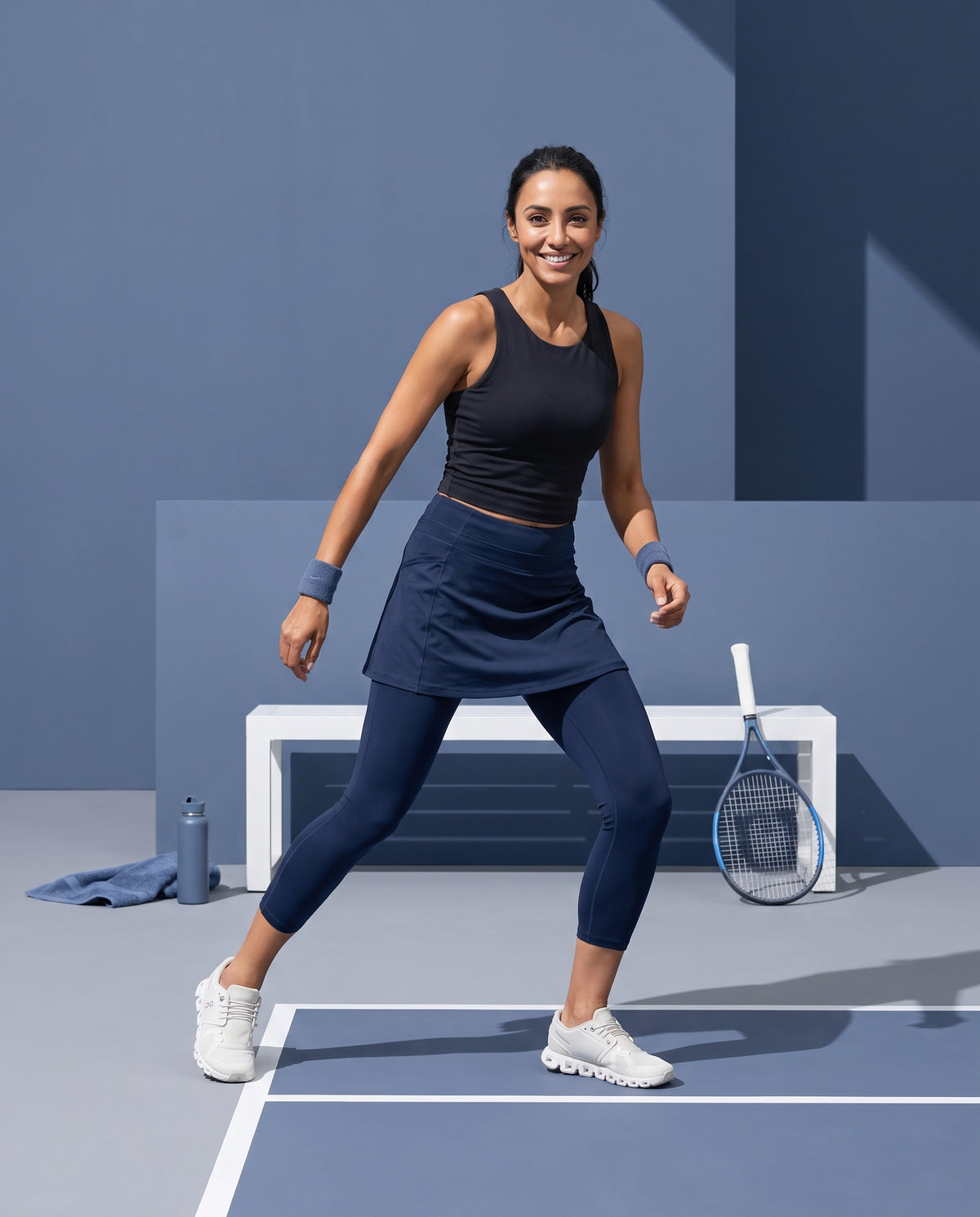 A woman posing on a blue tennis court wearing a navy blue athletic set consisting of a crop tank top, skirted leggings, with white sneakers. She is holding a tennis racket, with a white bench, towel, and water bottle in the background against a blue wall.