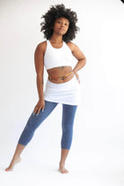 2-1 Skort Capris Leggings - Leggings are heather blue and attached skirt is white nylon.