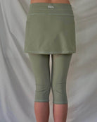 Rear view of 2-1 Spring Fling Sage Skirted Capris Leggings - Sol Sister Sport